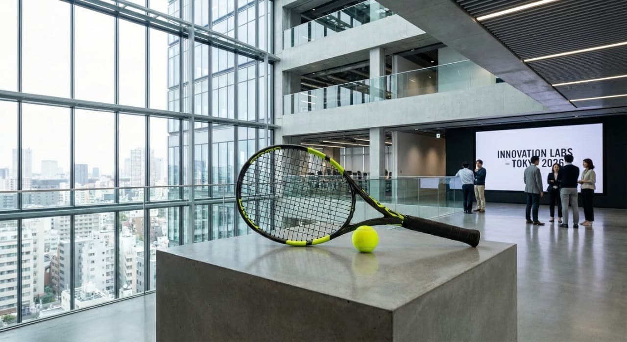Tennis racket and ball in a professional setting, symbolising partnership and sponsorship.